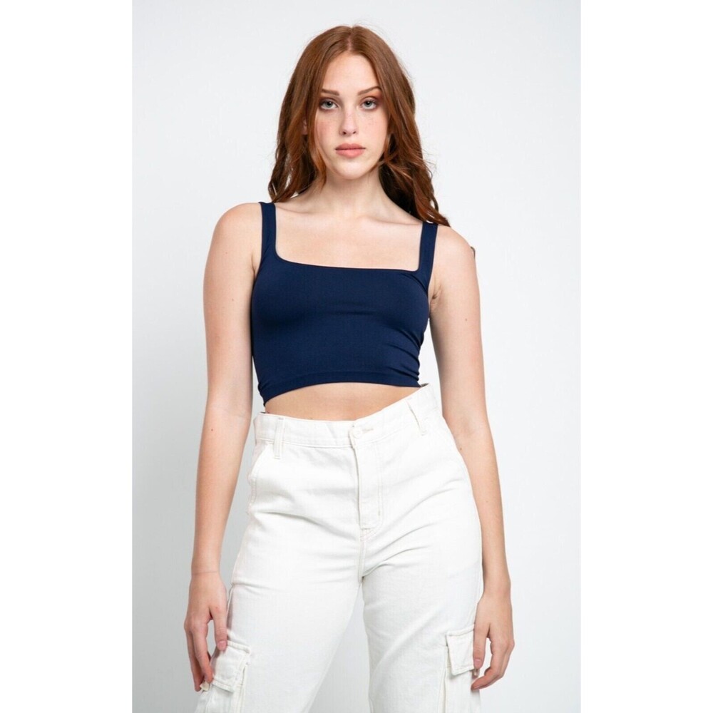 Free People M/L Intimately Crop Tank Top Navy Blue Scoop Neck Seamless NWT